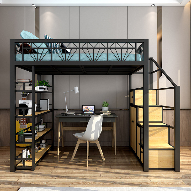 铁艺高架床省空间多功能高低床复式二楼床上床下柜小户型楼阁床架