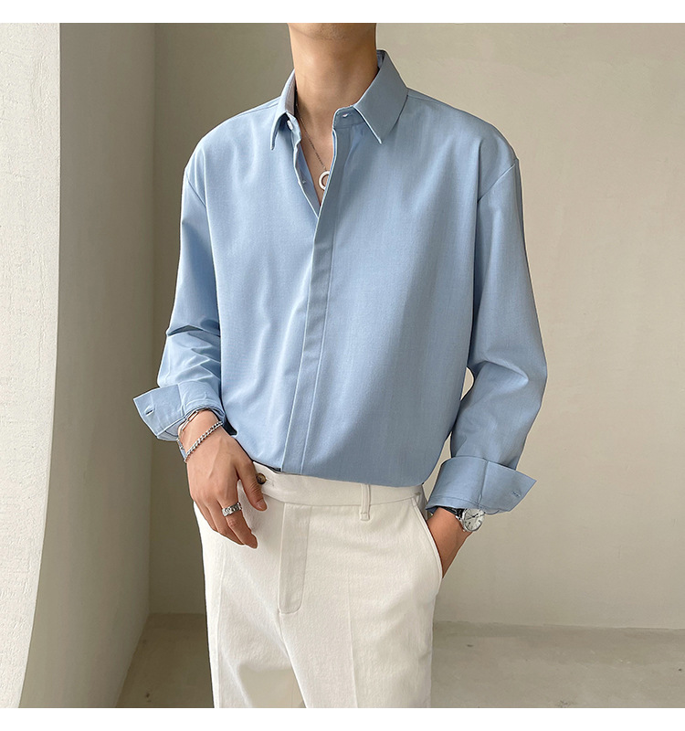 网红款男士休闲衬衫轻熟风宽松免烫男衬衣禁欲系暗门襟男友风衬衫