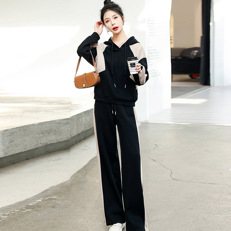 Graceful Sweatshirt Suit Female 2023 Early Spring and Autumn Casual Fashionable Stylish Korean Color Matching Sports Wide-Leg Pants Two-Piece Set Women Clothes