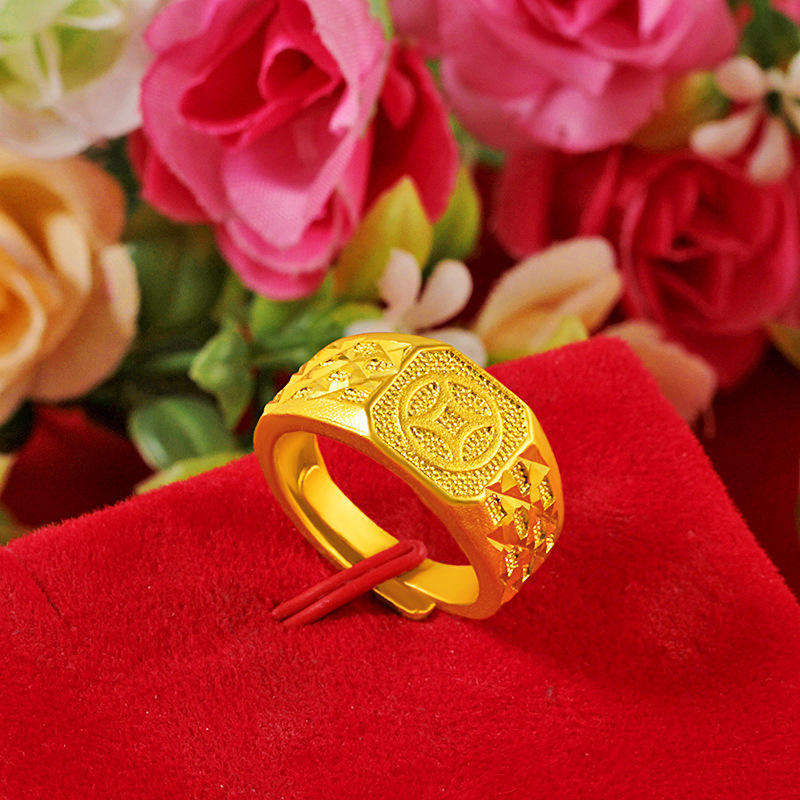 沙金镀金男款铜钱戒指 金版 越南沙金开口金钱男戒抖音拼多多货源