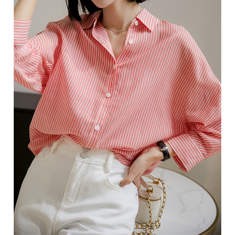 外贸时髦chic 大方优雅舒适又显瘦红白条纹衬衫女-阿里巴巴