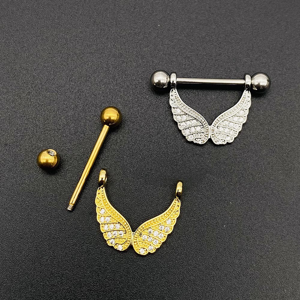 New Stainless Steel Nipple Ring Wings Micro Inlaid Zircon Nipple Nails Best Seller in Europe and America Body Piercing Jewelry