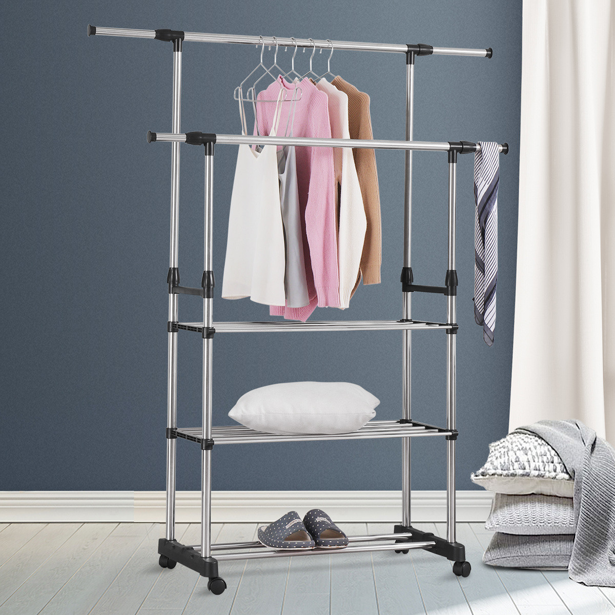 落地晾衣架家用可移动室内阳台晒衣架单杆双杆宿舍卧室简易挂衣架