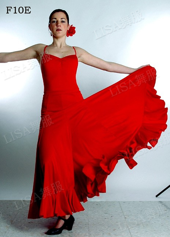 单层荷叶边弗拉明戈舞裙大摆摩登舞练习裙肚皮舞西班牙斗牛舞红裙