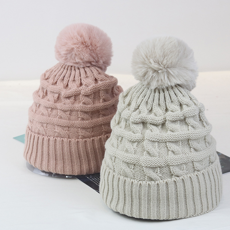 Hat Fur Ball Thickened Coarse Yarn Knitted Hat Warm Earflaps Cap Student Fleece-Lined Hat Children Autumn and Winter in Stock Wholesale