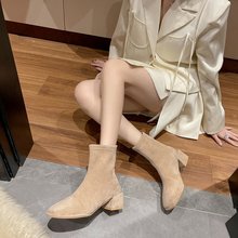 绒面时装靴女2022秋冬新款韩版ins弹力瘦瘦靴方头后拉链粗跟单靴