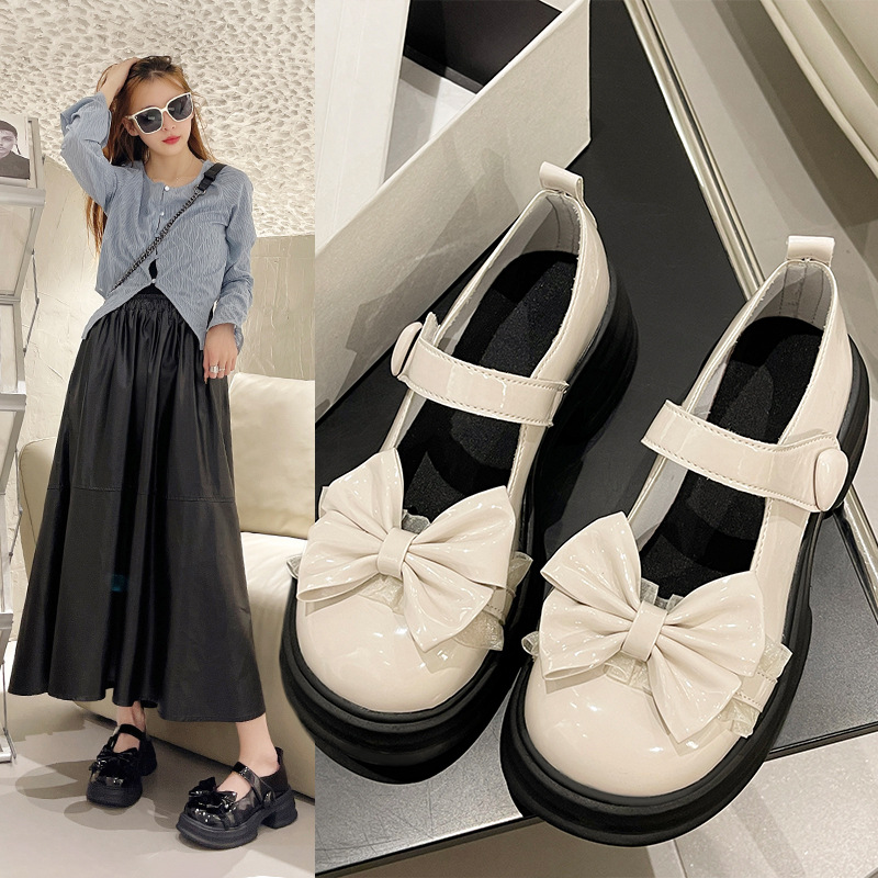 百搭日系jk小皮鞋2024新款学生蝴蝶结厚底松糕玛丽珍鞋配裙子批发
