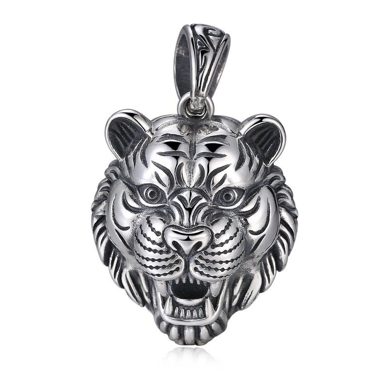 s925纯银 男个性霸气夸张老虎头吊坠 泰银复古潮人朋克虎头链挂坠
