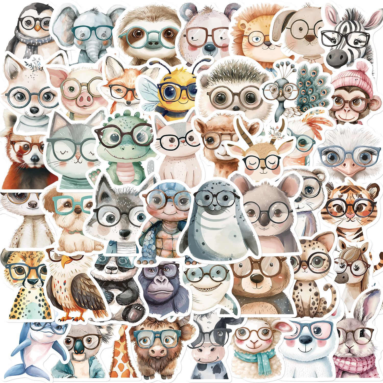 50张/套卡通可爱戴眼镜的动物涂鸦个性贴纸diy笔记本行李箱贴纸
