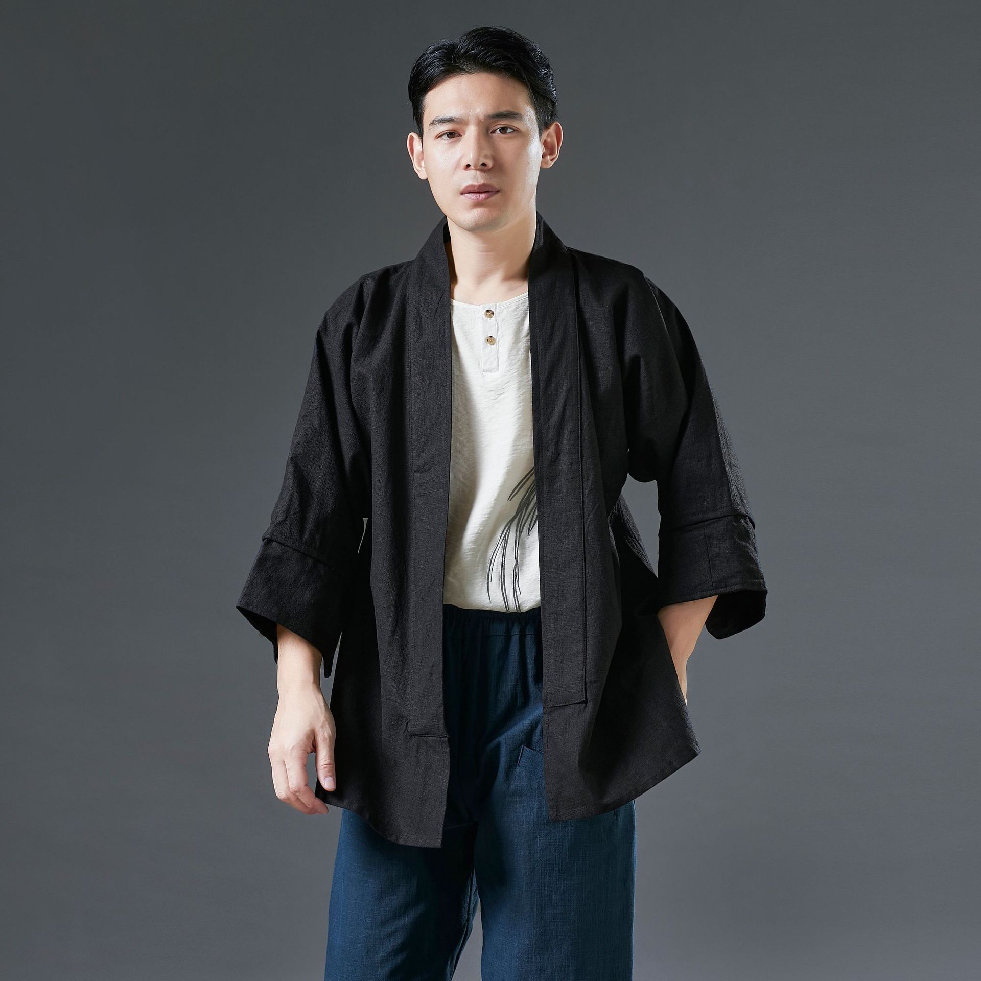 麻凡布衣新款居士服汉服男装中国风复古黑色长袖青年休闲苎麻上衣