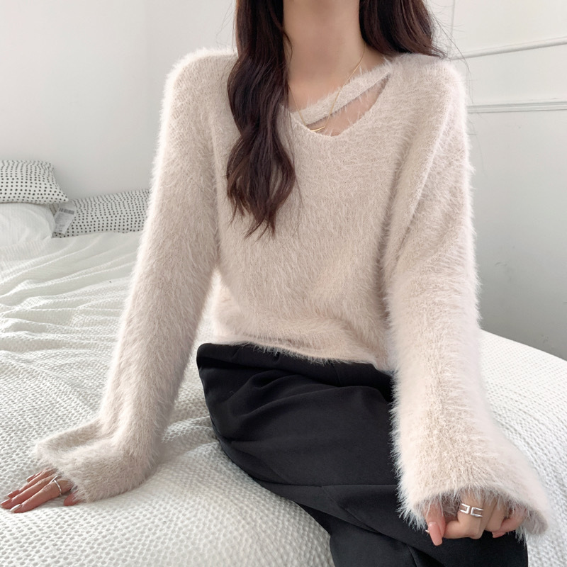 新品秋冬新款仿水貂毛设计感领毛衣女上衣-阿里巴巴