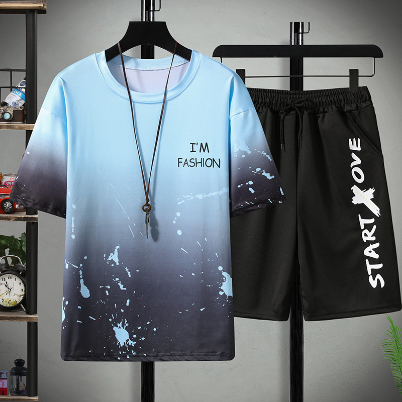 Summer Sports Casual Short Sleeve Suit Men's Ice Silk Gradient Printing T-shirt Top with Five-Point Shorts Korean Style