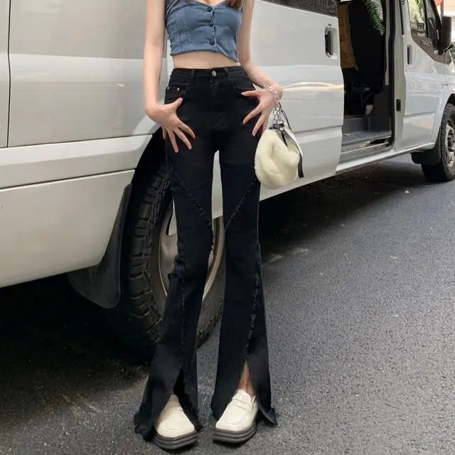 Black Weila Jeans Women's Slim Fit Slimming 2022 Spring and Autumn New High Waist Design Sense Frayed Hem Bell-Bottom Trousers Mop Pants