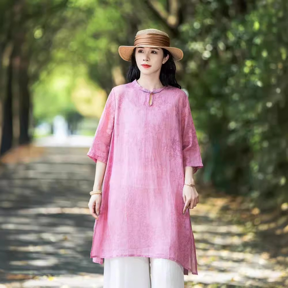 2024夏季新款国风复古提花t恤 民族风立领中长款苎麻连衣裙女