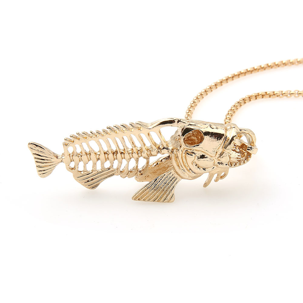 欧美简约时尚潮流立体鱼合金项链 男士饰品复古合金鱼骨吊坠饰品