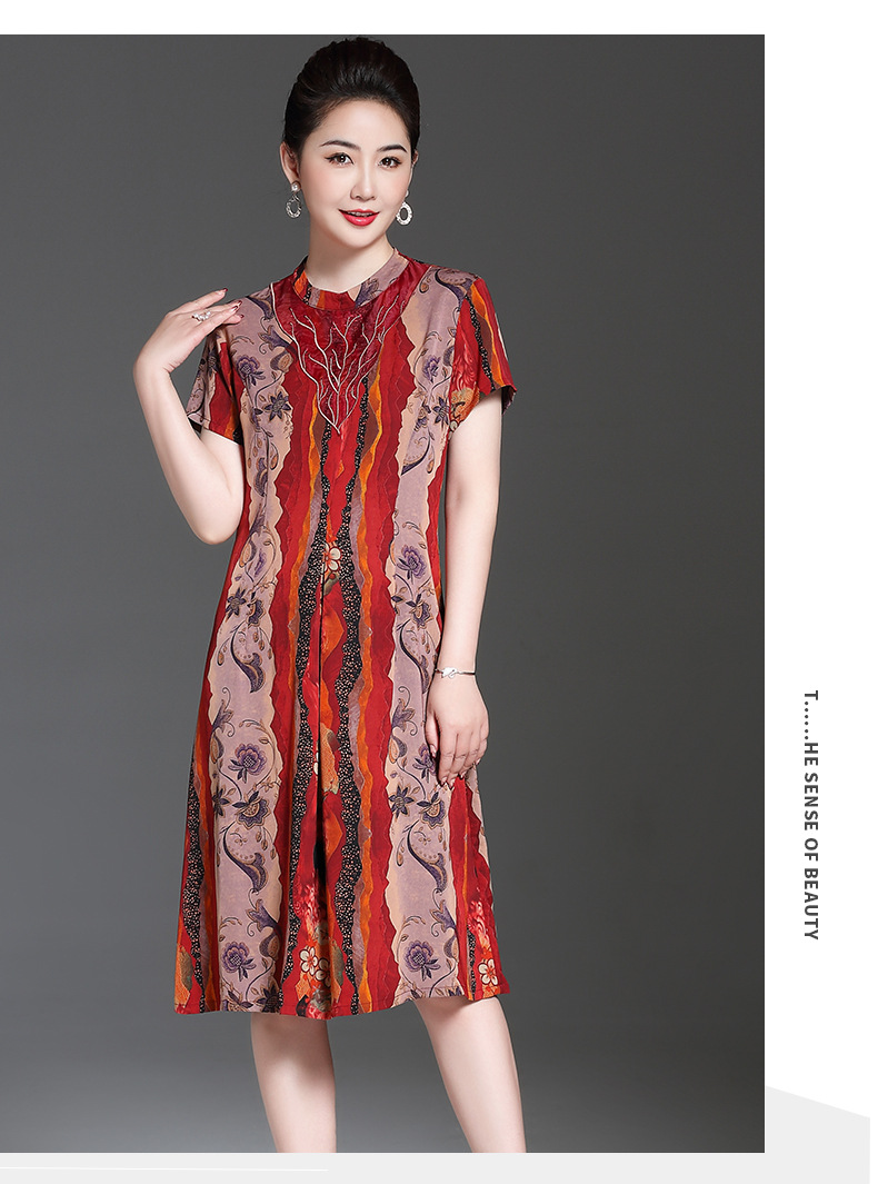 恒源祥夏季新款连衣裙女印花妈妈装中长款宽松显瘦短袖桑蚕丝裙