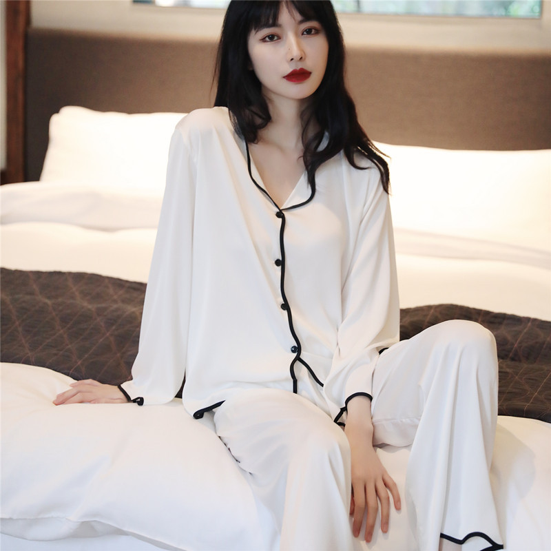 Spring Summer Sexy Silk Pajamas Women's Long Sleeve Suit Korean Style plus Size Simple Style Ice Silk Home Thin Homewear