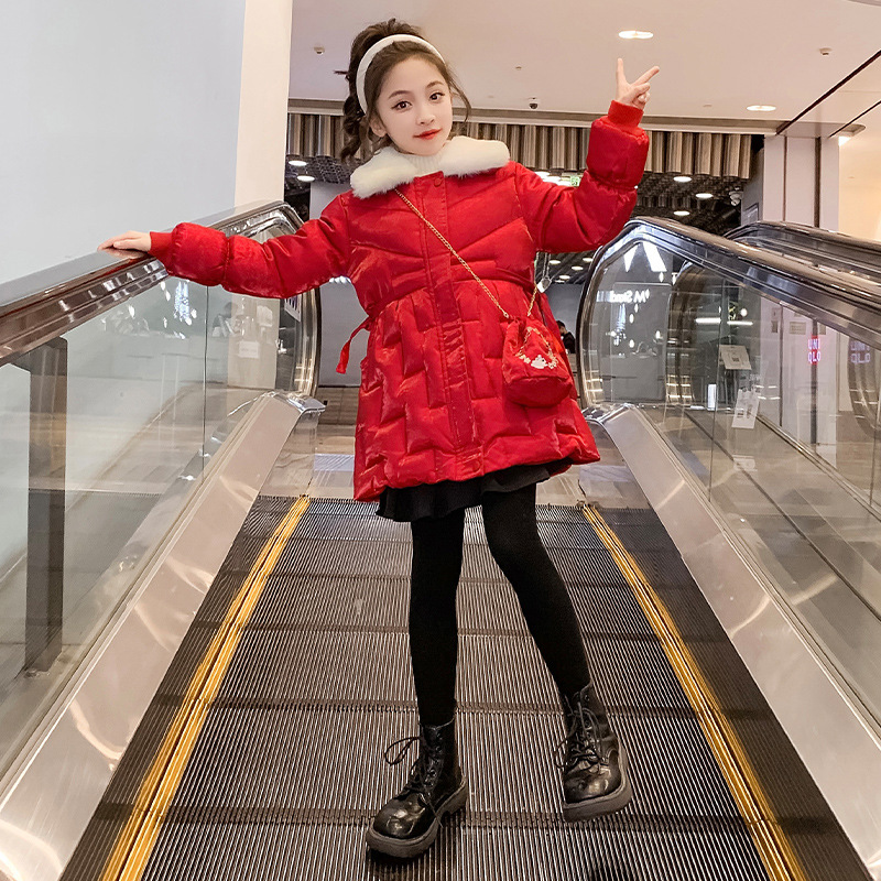 Girls' Annual Cotton-Padded Coat 2022 Winter New Fur Collar Lapel Festive down Cotton-Padded Coat for Older Children Korean Style Fashionable Warm