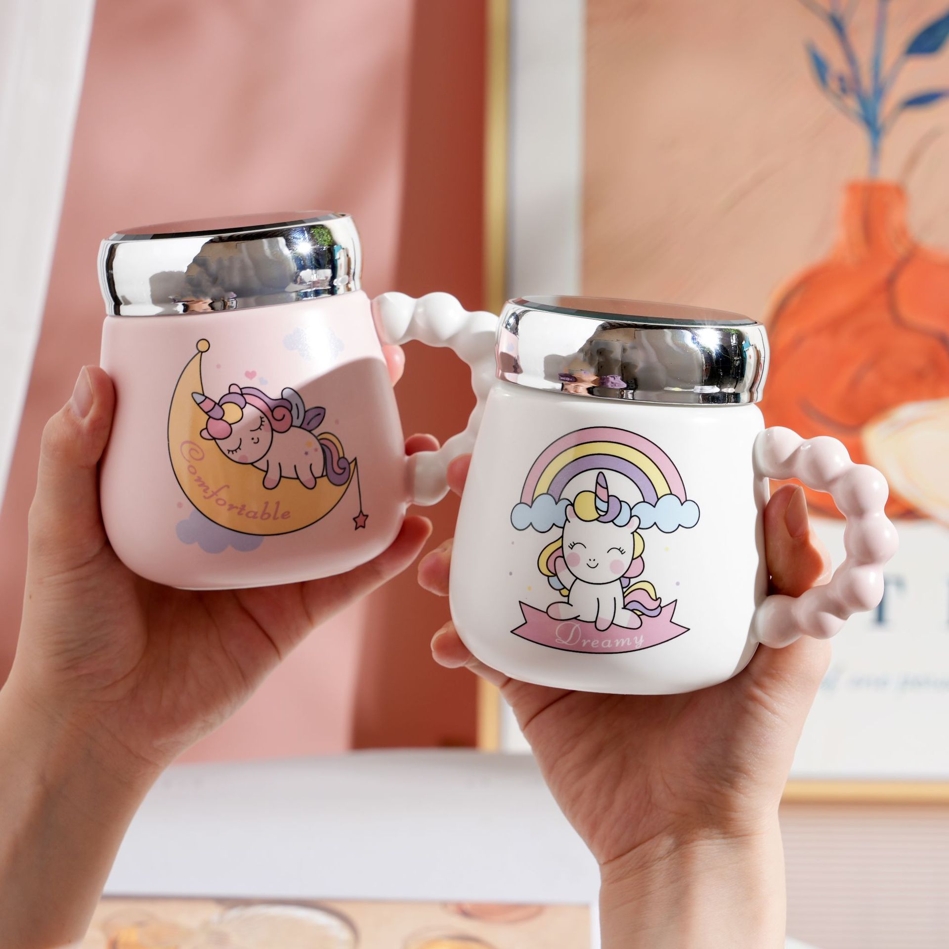 cartoon unicorn ceramic cup with cover spoon teenage creative ceramic trend korean cartoon office