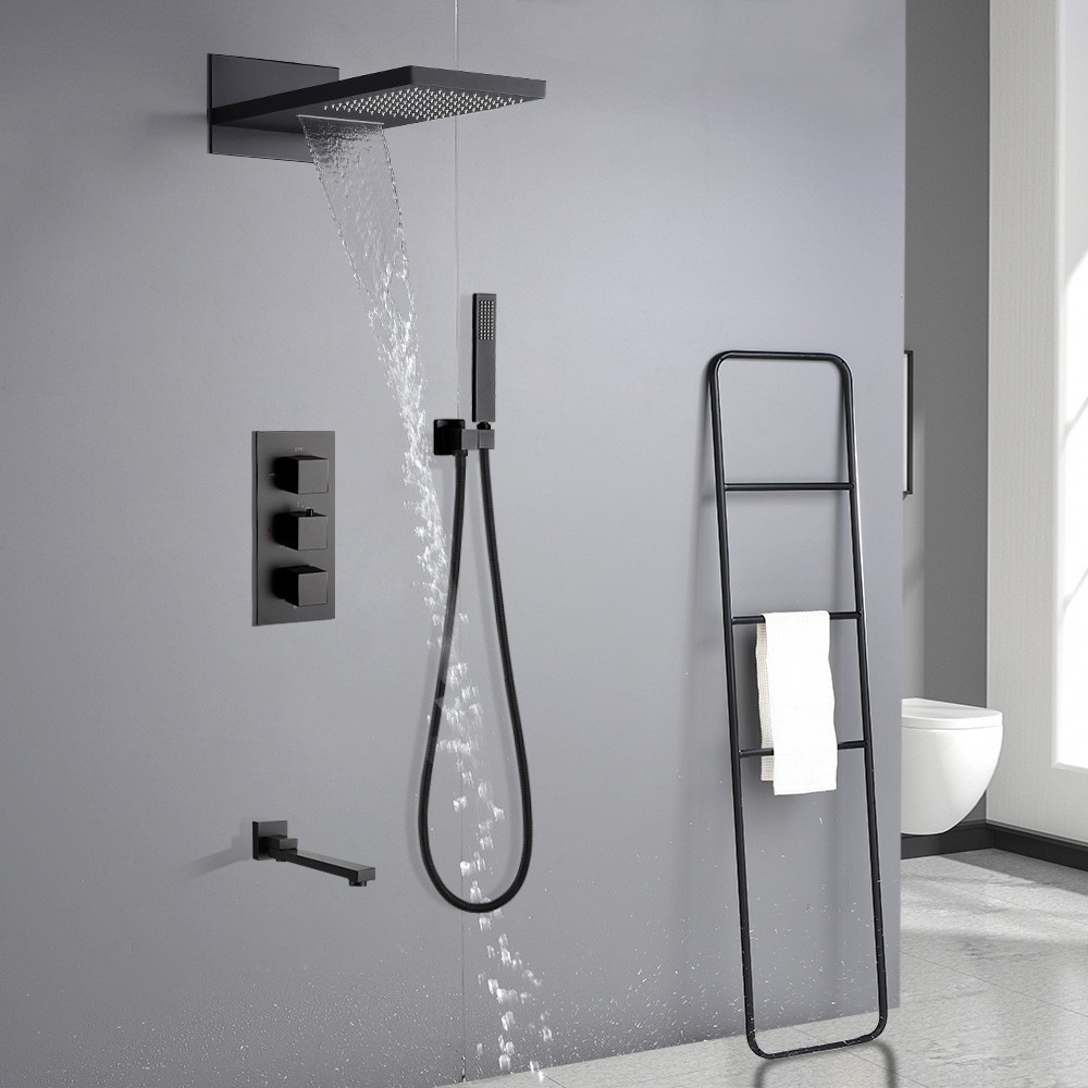 全铜黑色隐藏嵌入墙式暗装花洒暗藏式智能恒温瀑布淋浴套装多功能