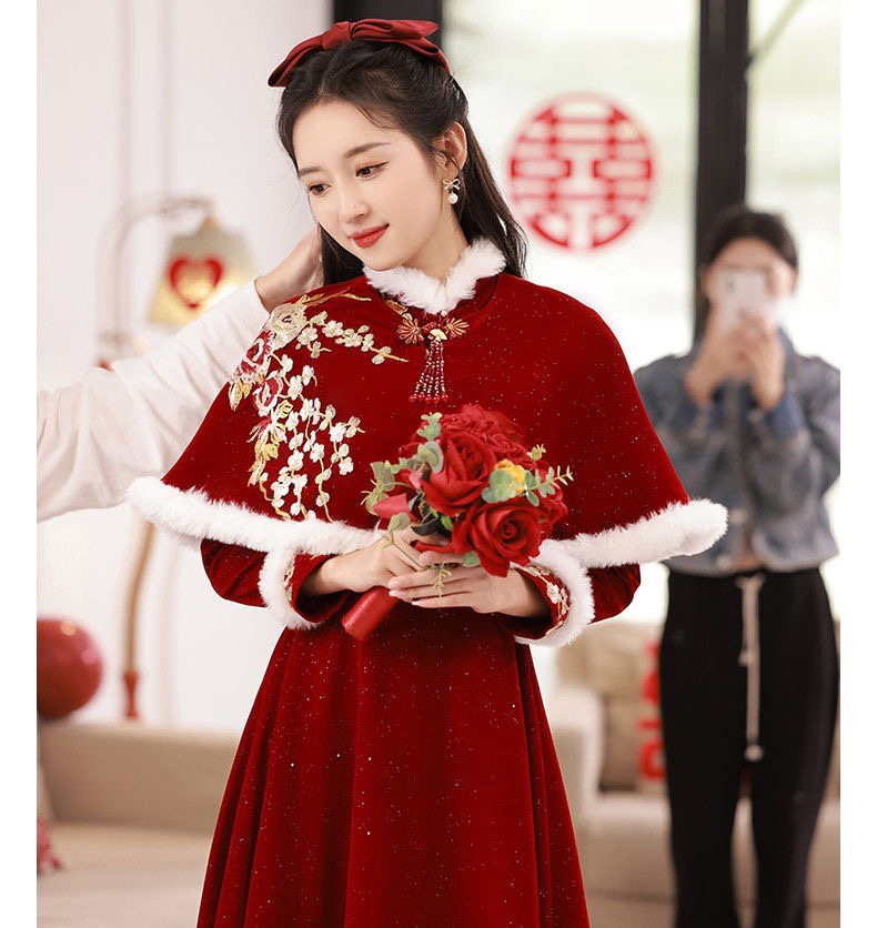 冬季敬酒服新娘厚款2023新款中式旗袍酒红色结婚礼服女高级感长袖