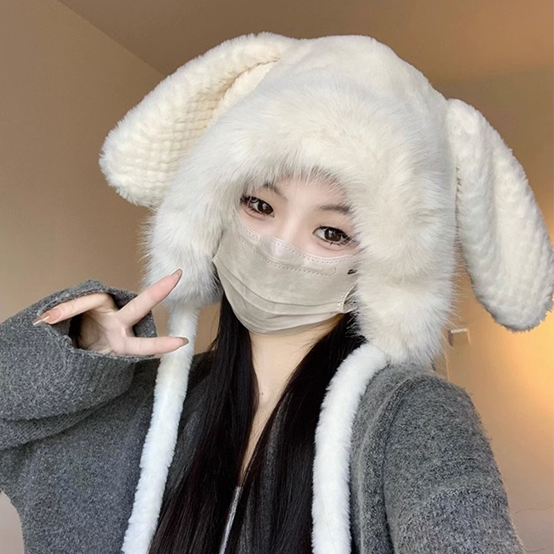 毛茸茸可爱兔耳朵加绒加厚保暖护耳帽子女韩版百搭学生滑雪毛绒帽