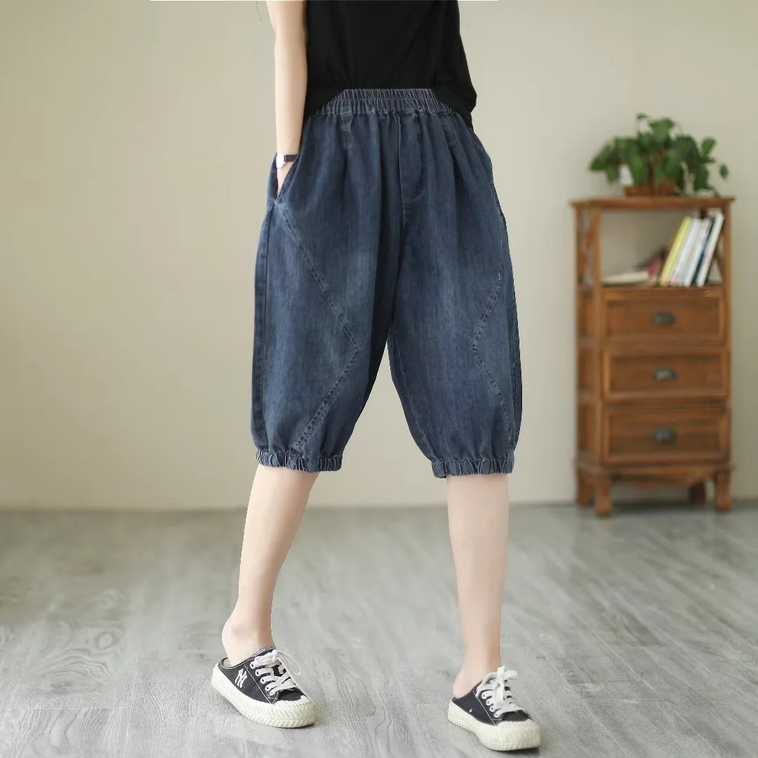 1152复古松紧腰牛仔六分裤 女夏季新款宽松显瘦休闲中裤哈伦裤潮