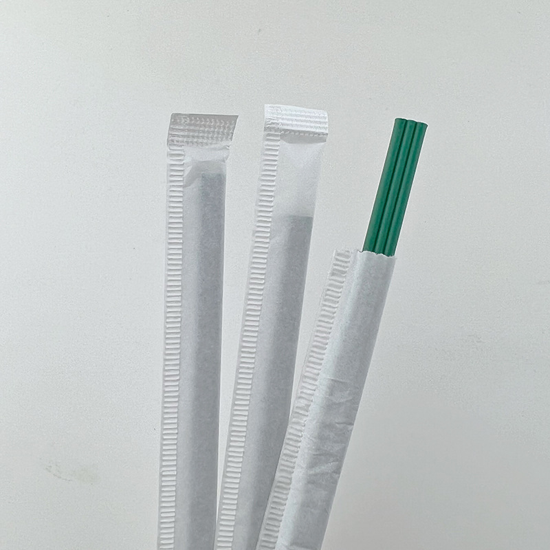 Disposable PLA Degradable Dark Green Single Paper Packaging 3-Hole Flat Coffee Straw Hot Drink Stirring Lip Stick