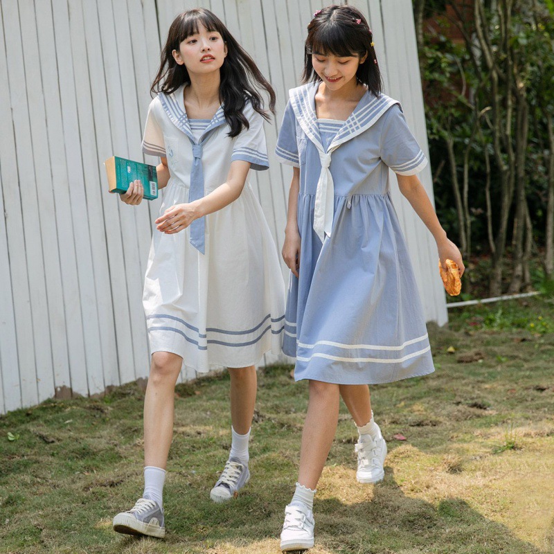 海军风连衣裙女宽松夏季新款中学生少女水手服女生闺蜜装夏天裙子