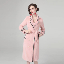 粉色彩雕毛大衣高档2023冬季新款珍珠双排扣勾线贴边长袖外套女