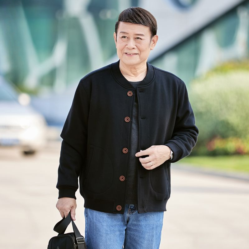sh新款抓绒外套男中老年休闲无领夹克上衣春秋季衣服运动装爷爷老