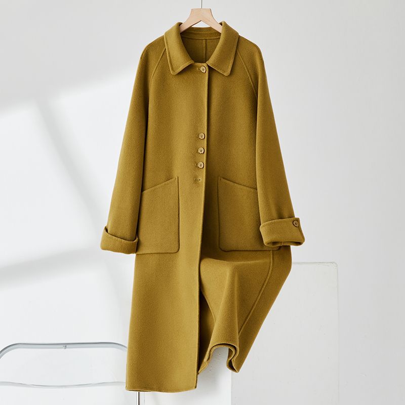 秋叶黄色双面羊毛绒大衣女中长款2023年秋冬季新款毛呢大衣外套女