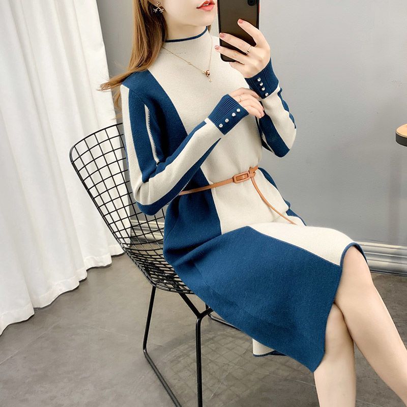 长款毛衣裙秋冬内搭配大衣新款宽松加厚收腰显瘦拼色秋冬连衣裙