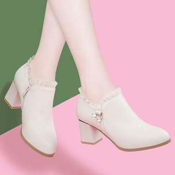 邻家天使牛皮圆头粗高跟单鞋系带休闲皮鞋复古时尚职业时装鞋英伦