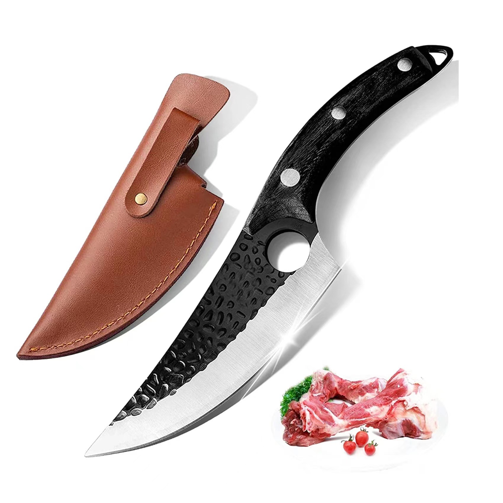 锻打锤纹小弯刀家用户外开片杀鱼剔骨刀剥皮切猪牛羊肉屠宰用尖刀