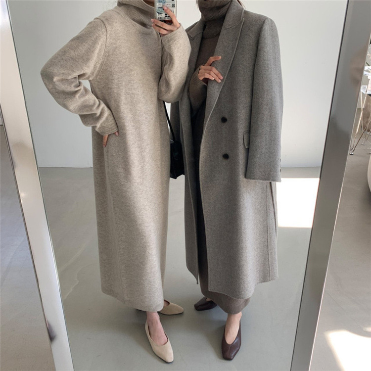 Hong Kong Style Cashmere Autumn and Winter Dress Women's Long over-the-Knee Sweater Dress Loose Turtleneck Bottoming Knitted Thickened Long Skirt