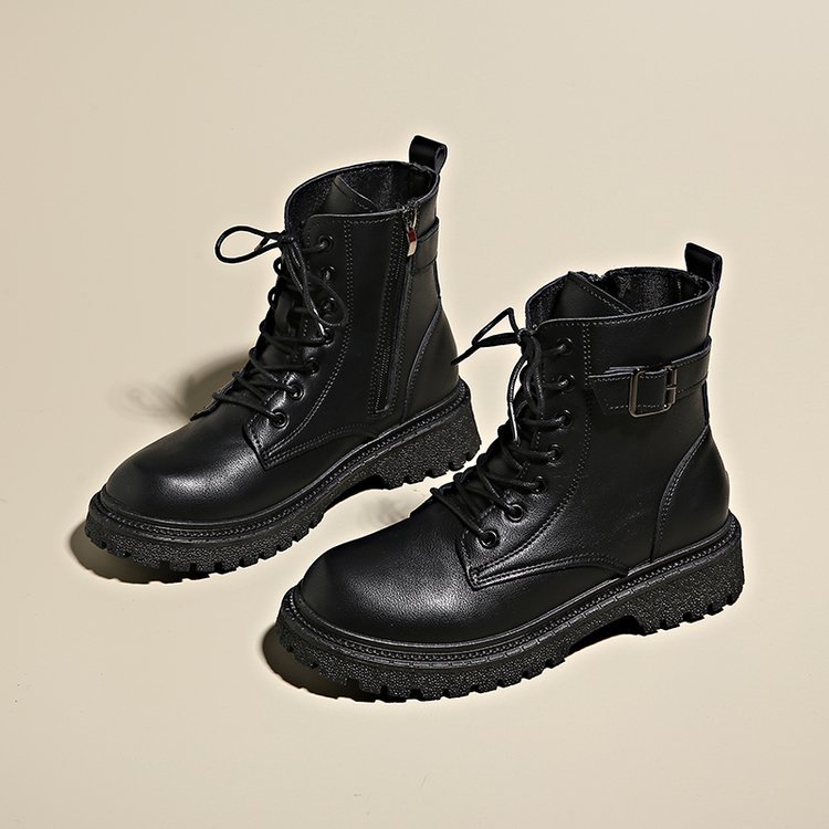 外贸批发中筒马丁靴2023秋冬新款纯色增高厚底圆头糸带女士皮靴女
