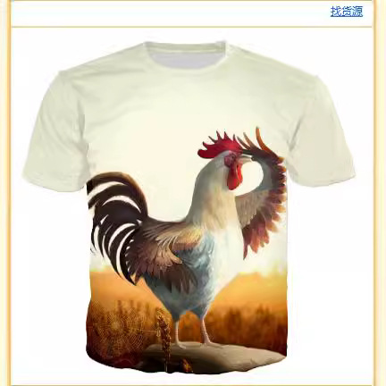 ZX 夏季外贸新款上衣3D数码印花男式潮流公鸡图案T恤套头圆领短袖