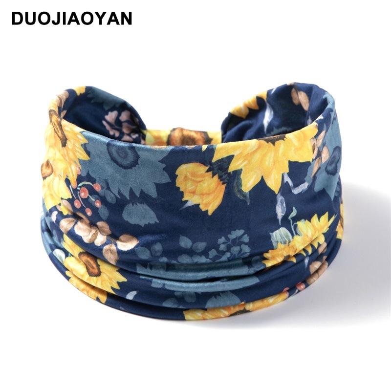 New Sunflower Hair Band Fashion Printed Wide-Brimmed Elastic Flower Sports Hair Band Cross-Border Knotted Hair Band Wholesale