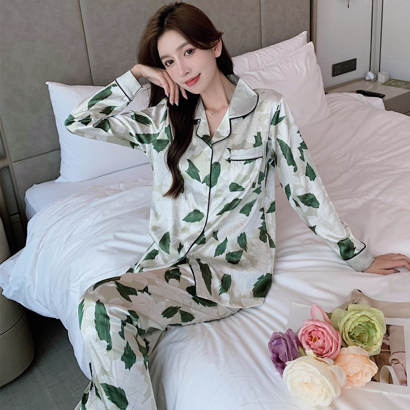 Ice Silk Pajamas Women's Spring and Autumn Korean Style Fashionable Thin plus-Sized plus Size 100.00kg Wearable Long Sleeve Homewear Suit