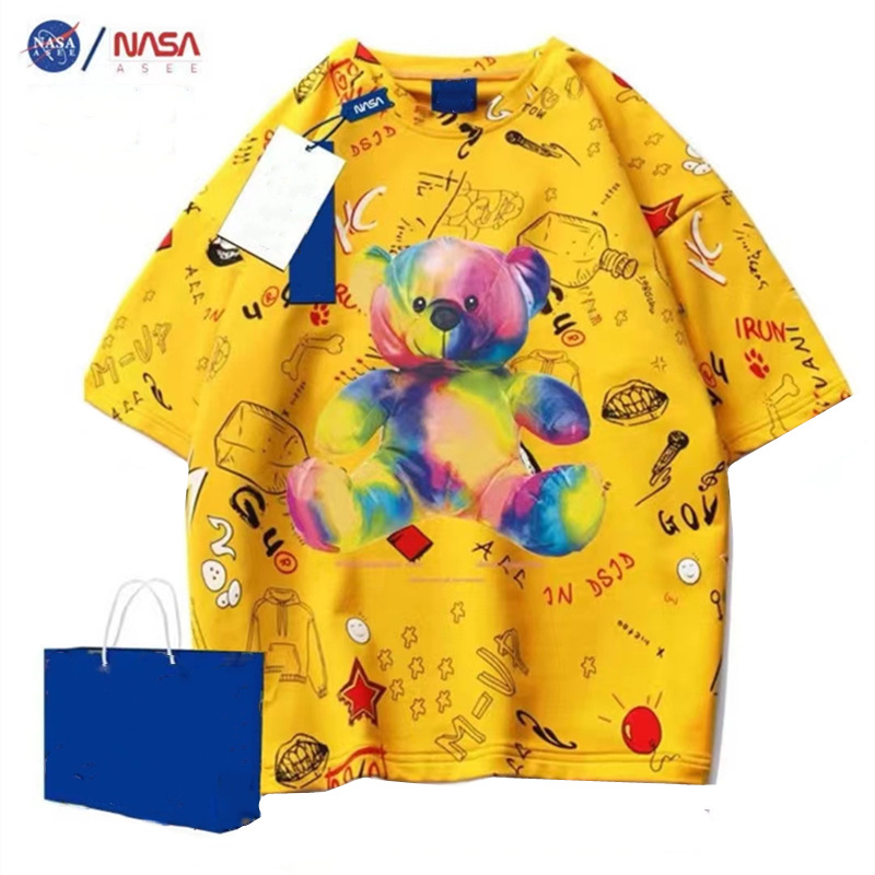 欧美跨境太空熊猫联名nasa布偶熊男士短袖t恤ins潮牌情侣休闲上衣