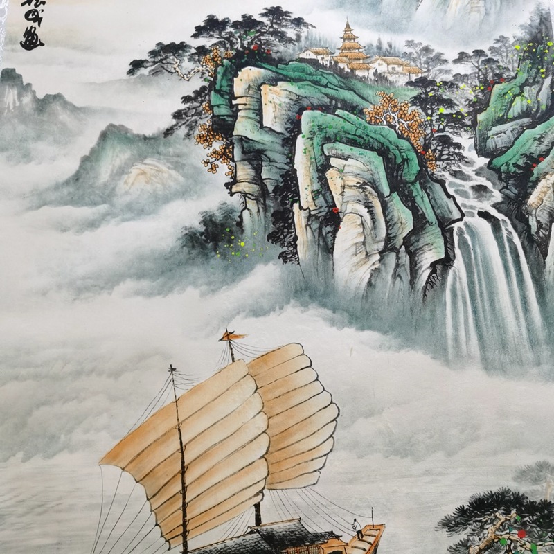 批发仿古宣纸中堂画工笔画办公室挂画装饰画一帆风顺国画山水卷轴