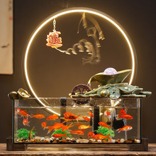 招财流水摆件办公室桌面中式景观水循环转运生财玻璃鱼缸开业礼物