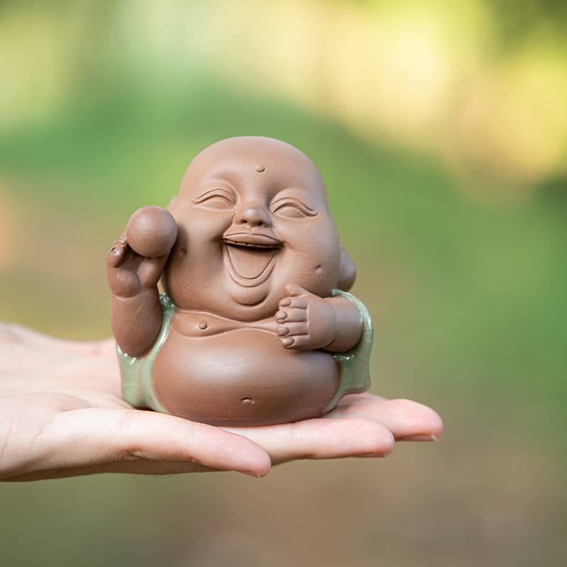 创意紫砂精品哈哈佛汽车摆件高档可爱弥勒笑佛保平安招财车内装饰