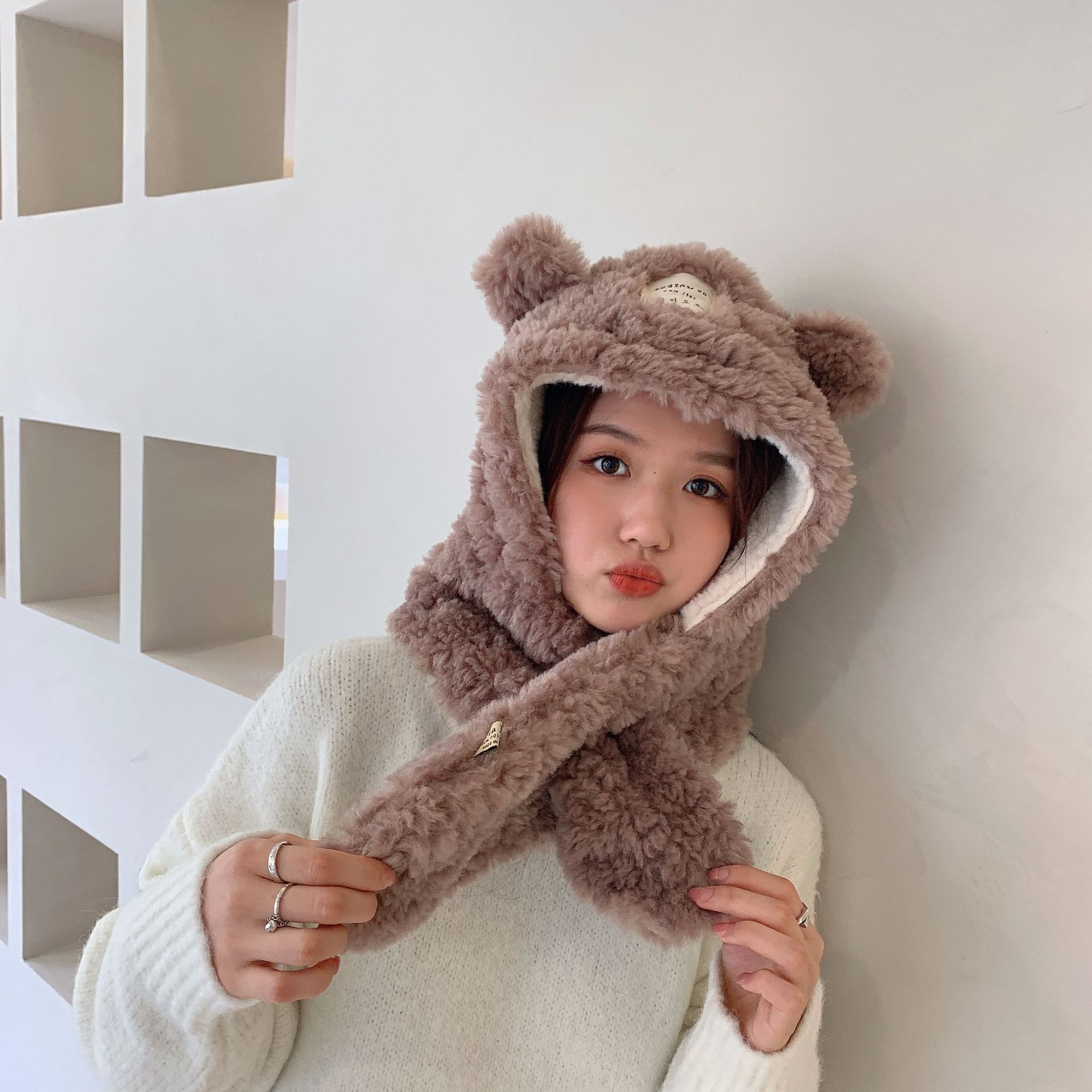 Autumn and Winter New Cute Bear Hat Scarf Women's Warm Hooded One-Piece Plush Scarf All-Matching Earmuffs Hat