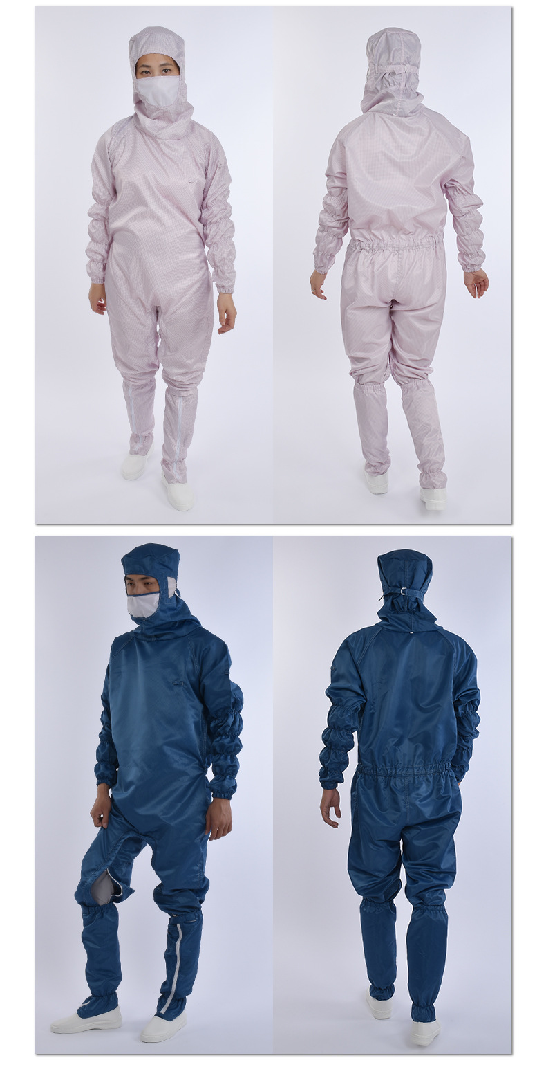 工厂定制百级无尘服网格胯下拉链款无尘工衣防静电连帽连体工作服