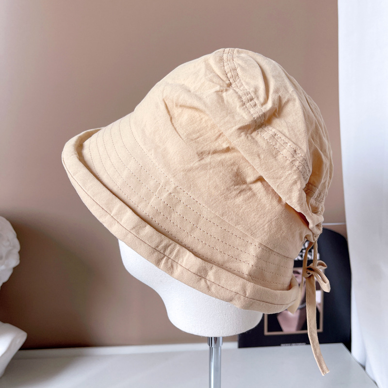 日系棉麻卷边渔夫帽子女秋季防晒布帽原宿港风盆帽系绳蝴蝶结软帽