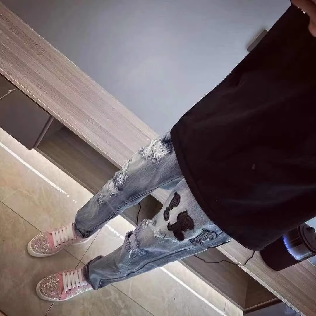 2024年美式复古高街破洞牛仔裤男潮做旧膝盖补丁拉链修身直筒长裤