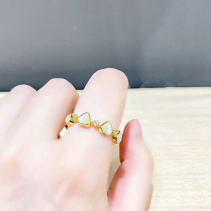 Super Fairy Peach Heart Opal Copper Ring Opening Adjustable Niche Design South Korea Retro Aloofness Style Ring Female