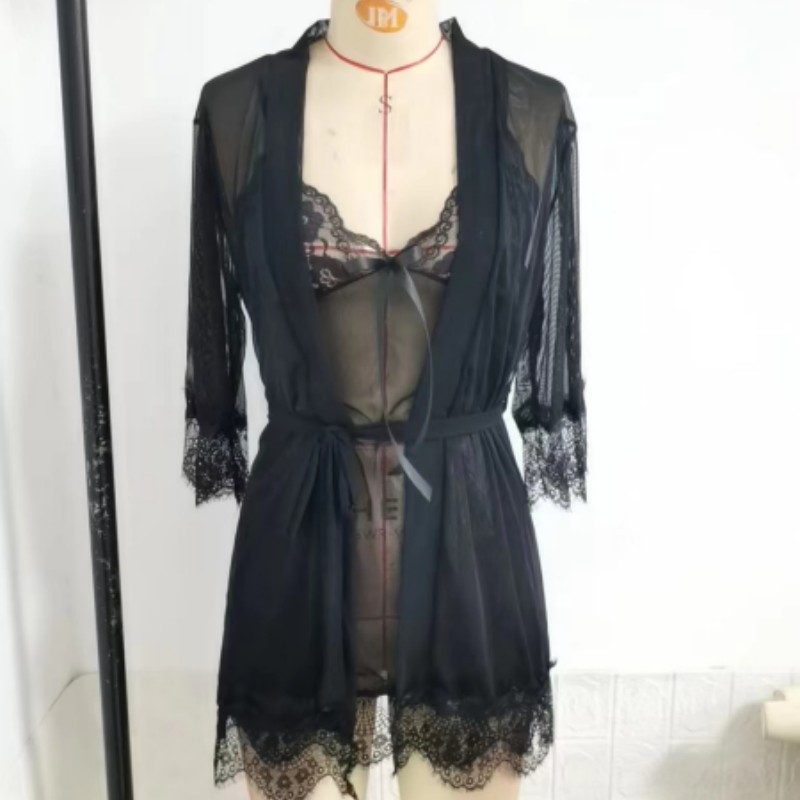 情趣内衣性感纯色蕾丝吊带裙网纱透视系带外袍家居服套装四件套01